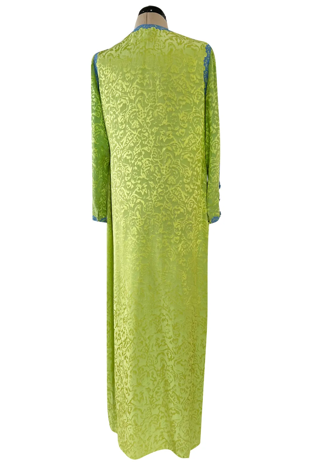 1980s Oscar de la Renta Green Silk Blue Trim Caftan Dress or Evening Coat