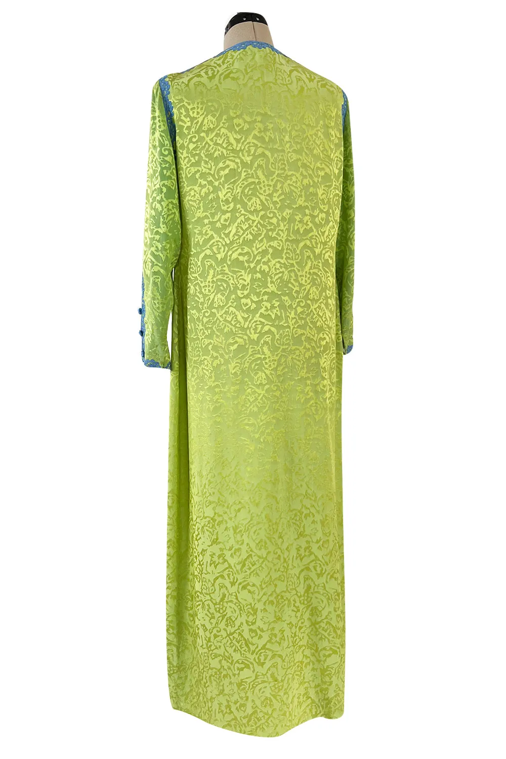 1980s Oscar de la Renta Green Silk Blue Trim Caftan Dress or Evening Coat