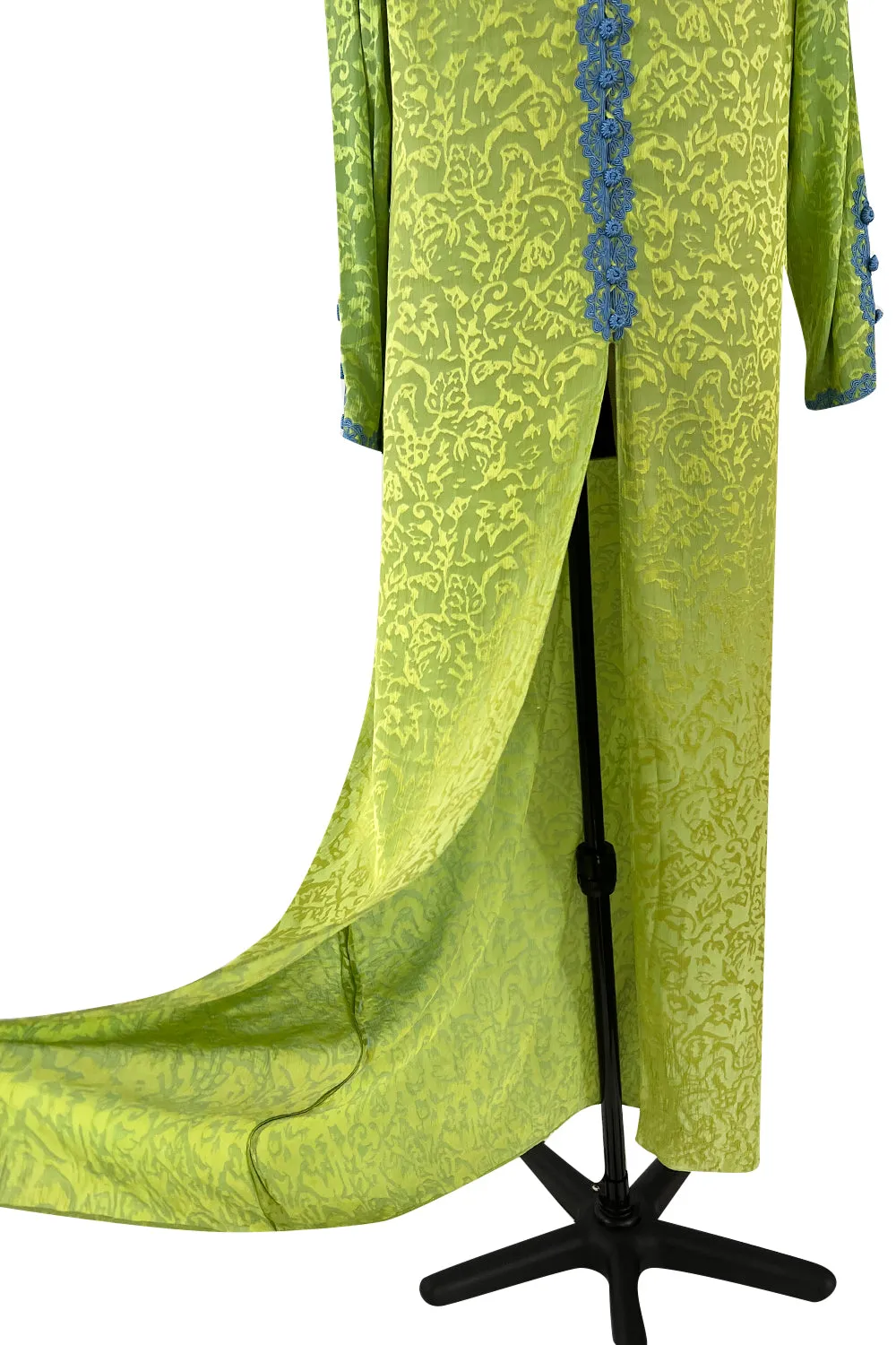 1980s Oscar de la Renta Green Silk Blue Trim Caftan Dress or Evening Coat