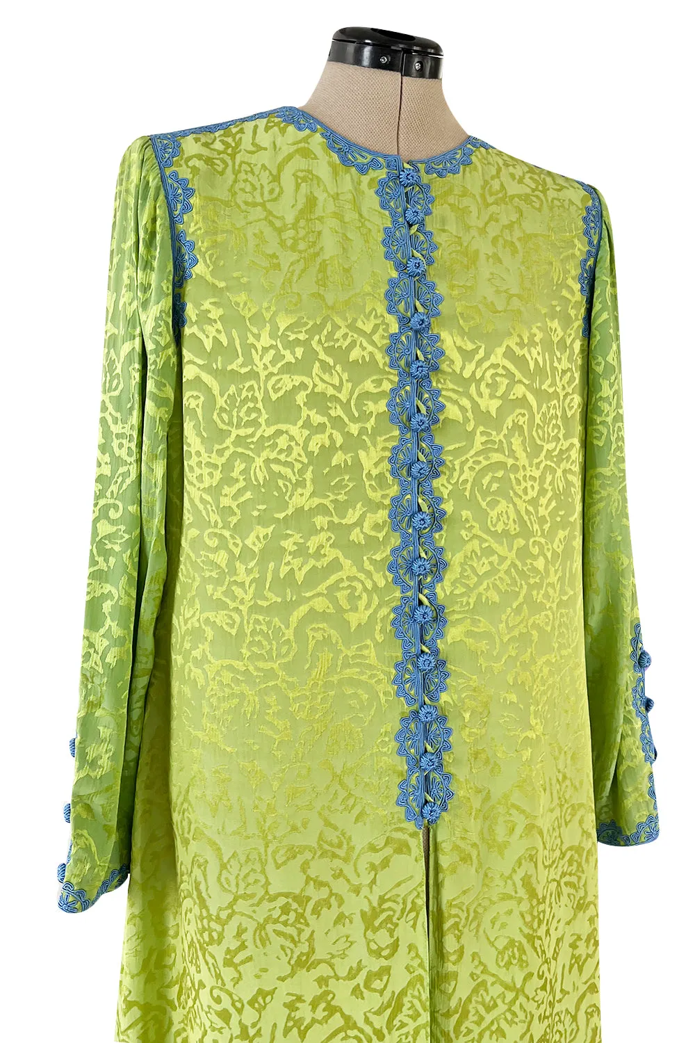 1980s Oscar de la Renta Green Silk Blue Trim Caftan Dress or Evening Coat