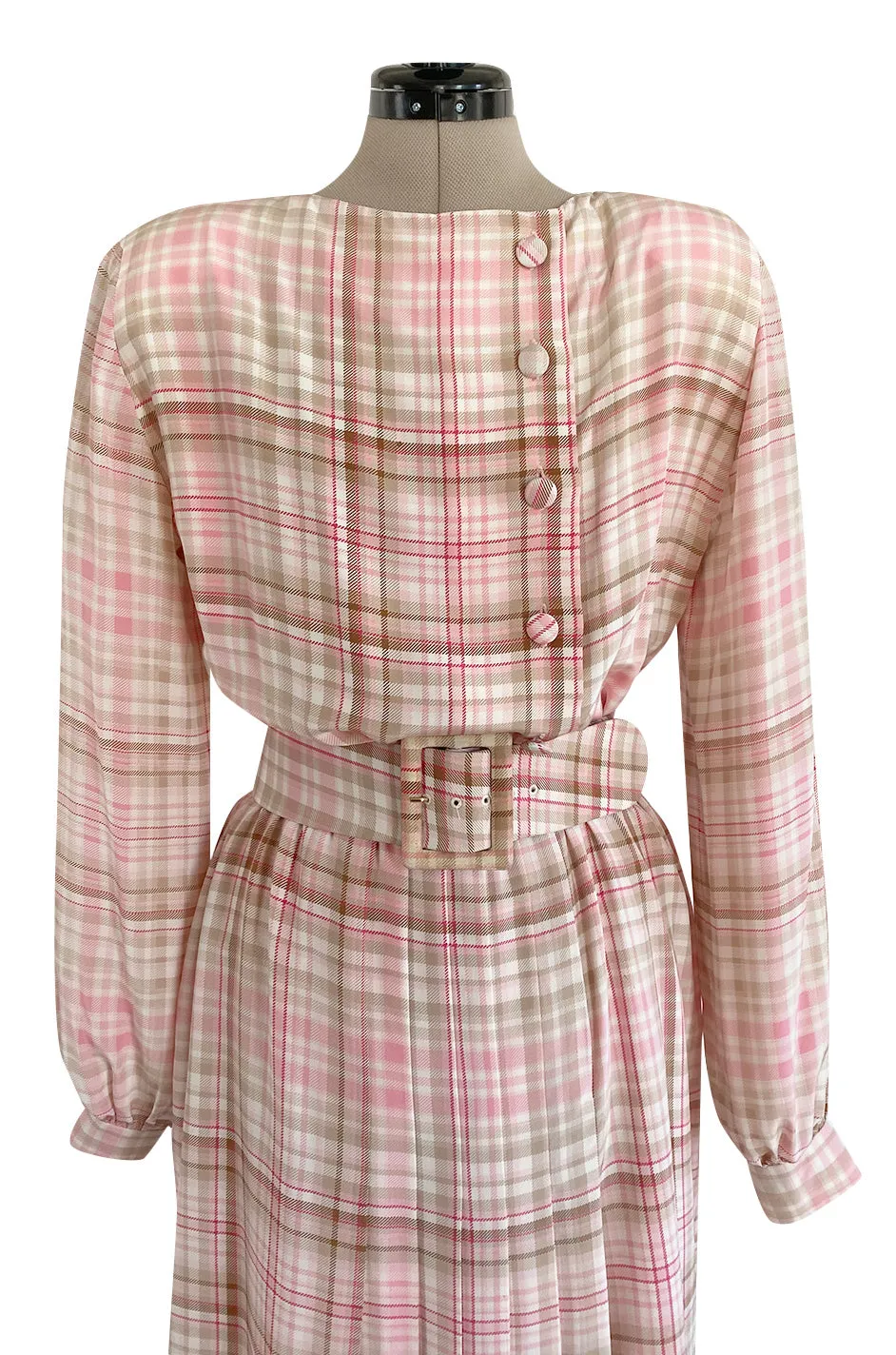 1980s Oscar De La Renta Pink Printed Belted Silk Dress & Boucle Coat w Silk Lining Set