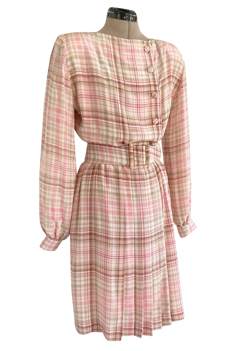 1980s Oscar De La Renta Pink Printed Belted Silk Dress & Boucle Coat w Silk Lining Set