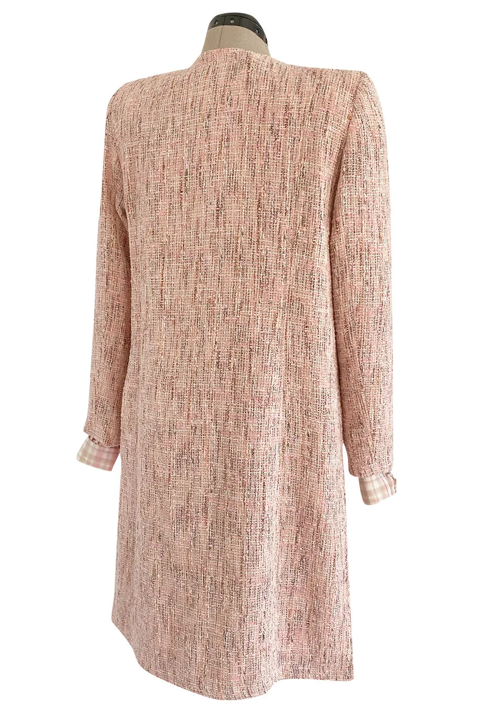 1980s Oscar De La Renta Pink Printed Belted Silk Dress & Boucle Coat w Silk Lining Set