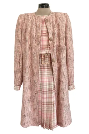 1980s Oscar De La Renta Pink Printed Belted Silk Dress & Boucle Coat w Silk Lining Set