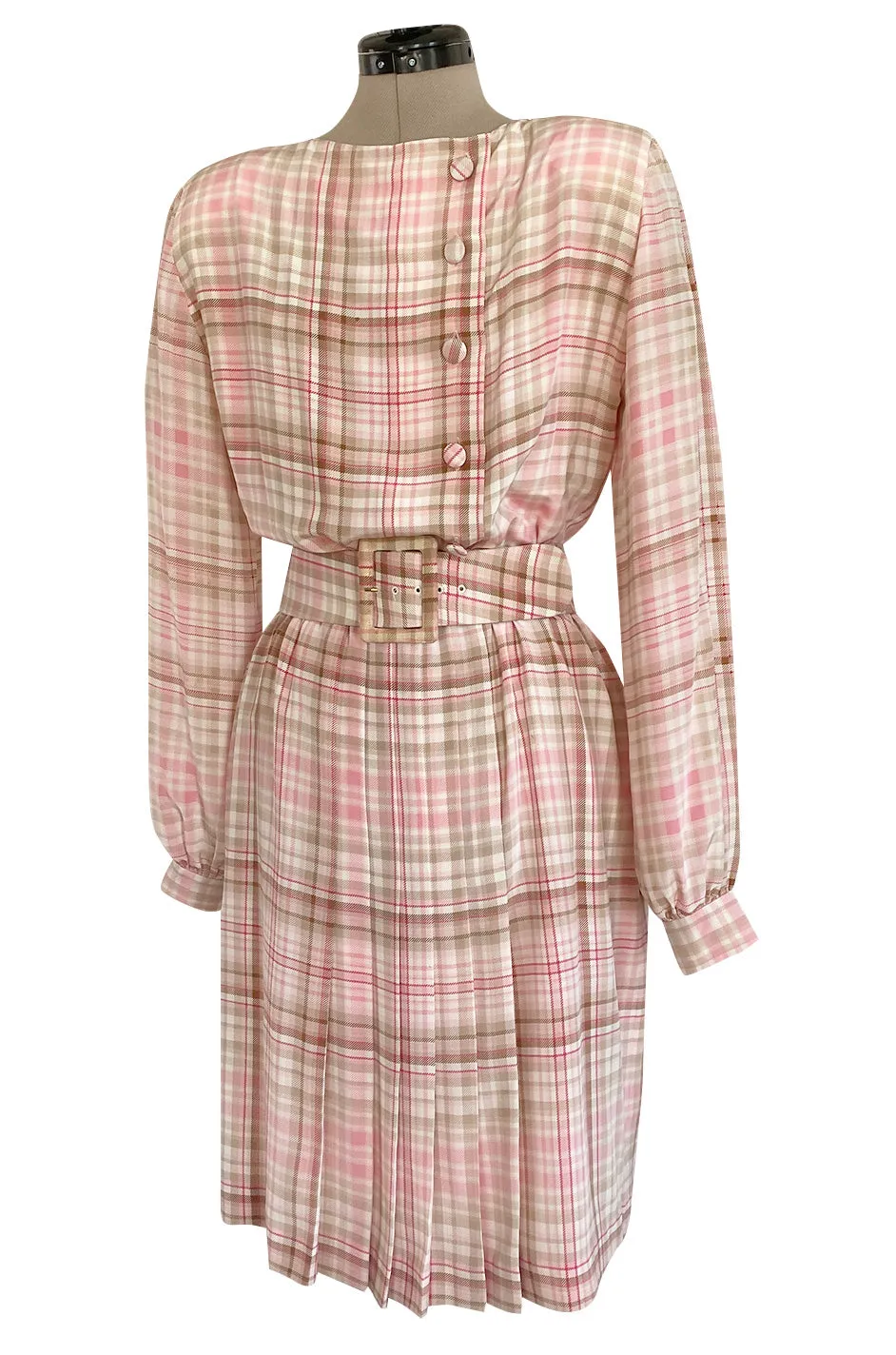 1980s Oscar De La Renta Pink Printed Belted Silk Dress & Boucle Coat w Silk Lining Set