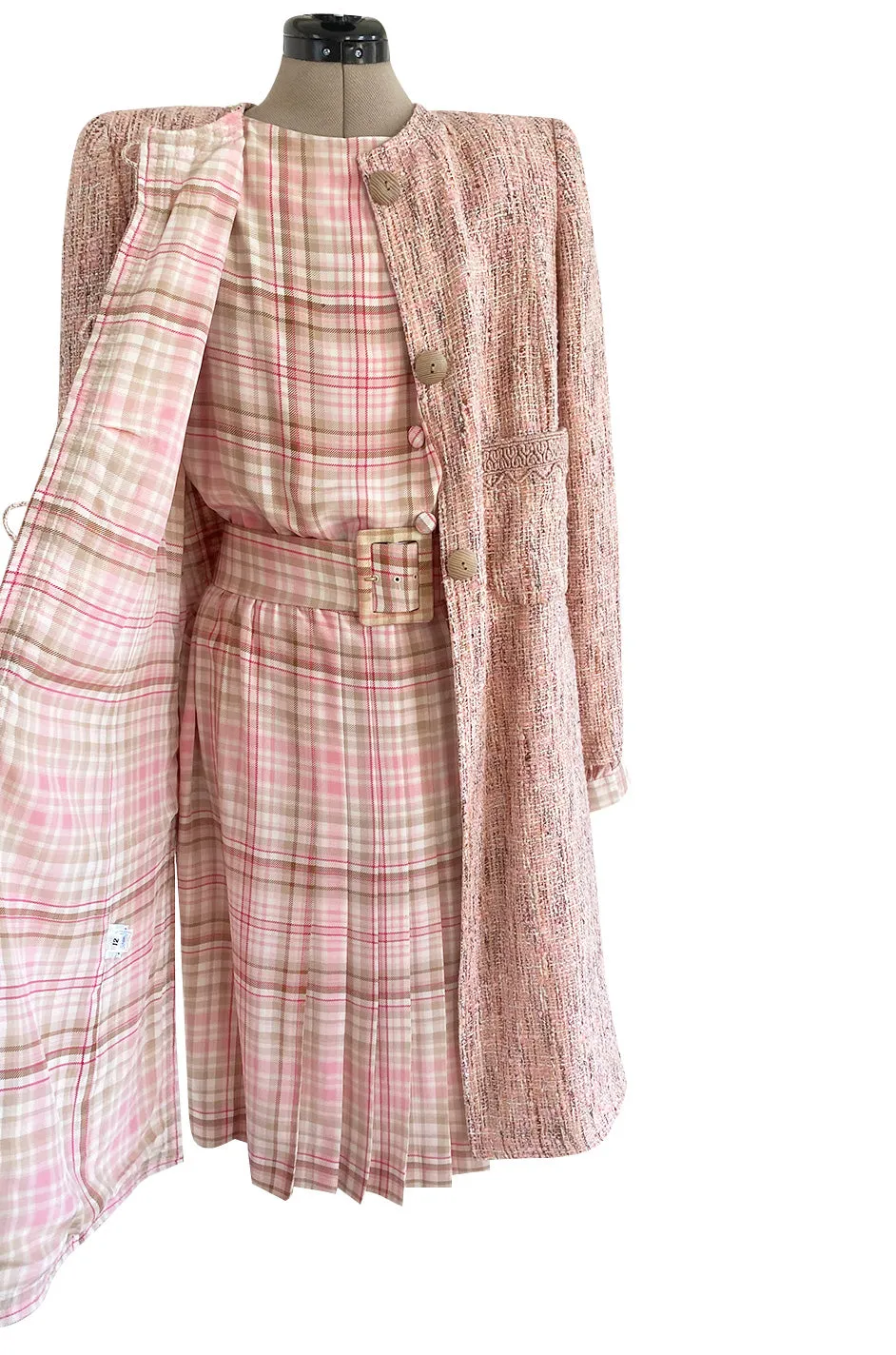 1980s Oscar De La Renta Pink Printed Belted Silk Dress & Boucle Coat w Silk Lining Set