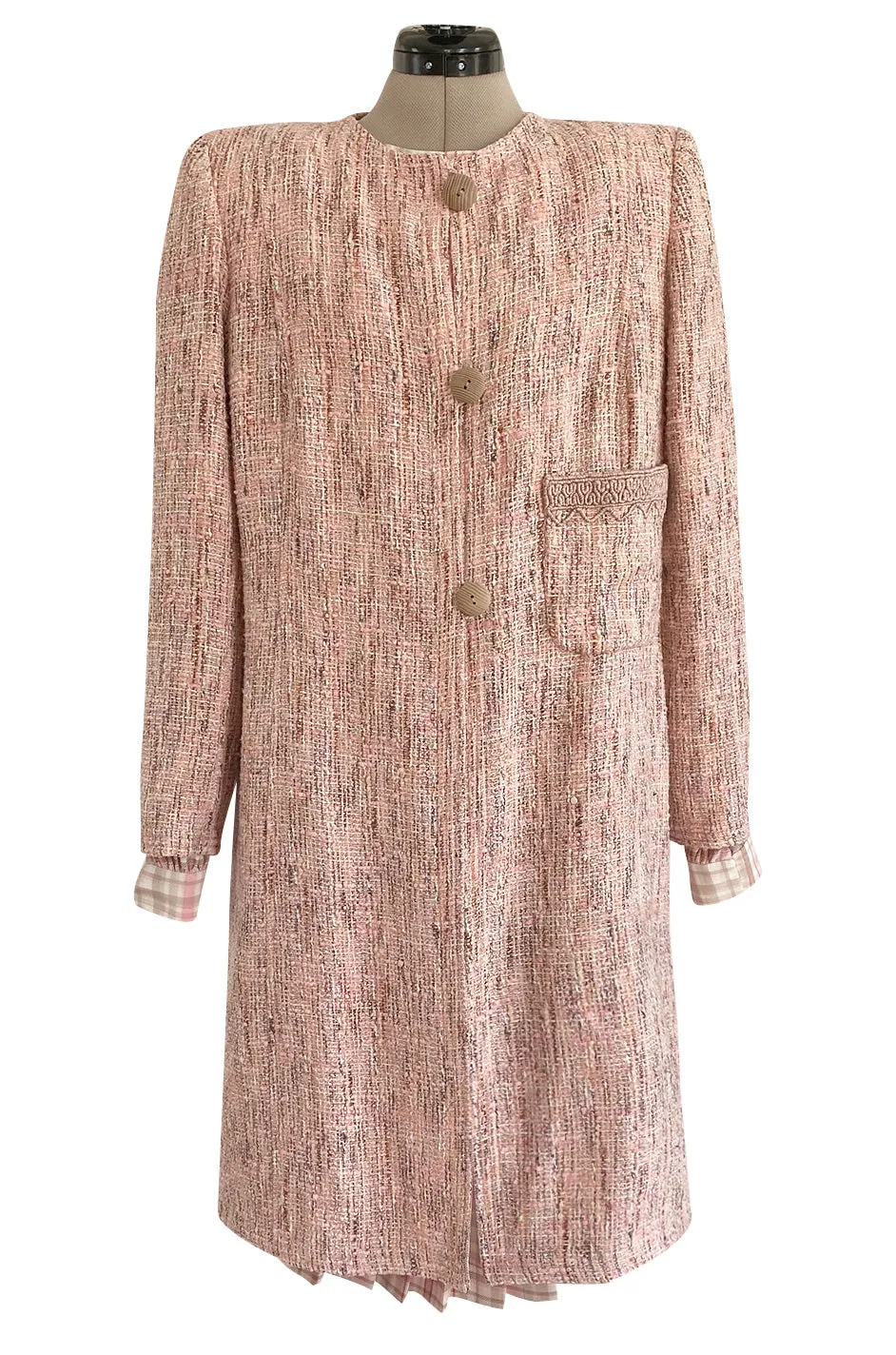 1980s Oscar De La Renta Pink Printed Belted Silk Dress & Boucle Coat w Silk Lining Set