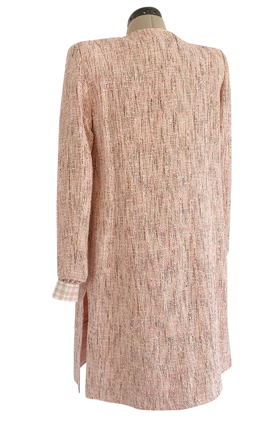 1980s Oscar De La Renta Pink Printed Belted Silk Dress & Boucle Coat w Silk Lining Set