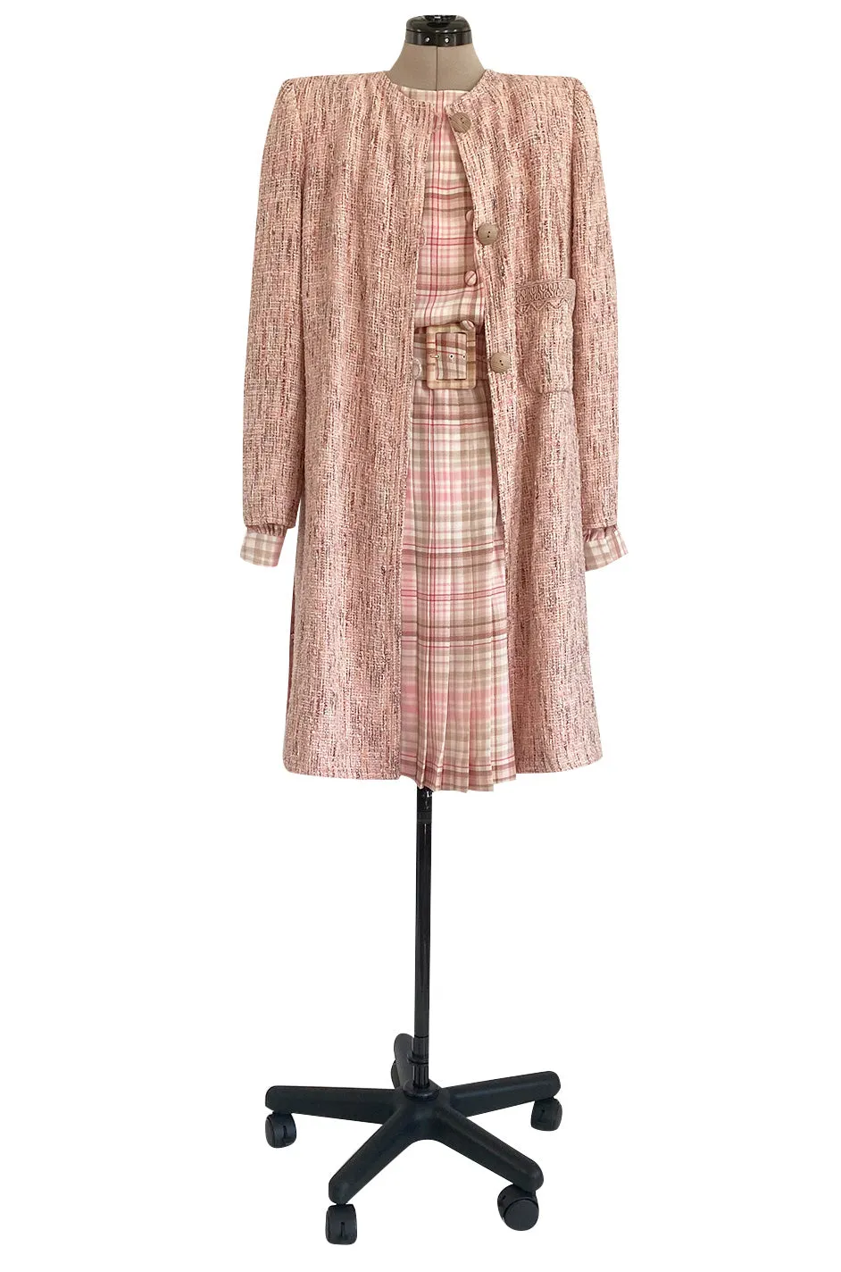 1980s Oscar De La Renta Pink Printed Belted Silk Dress & Boucle Coat w Silk Lining Set