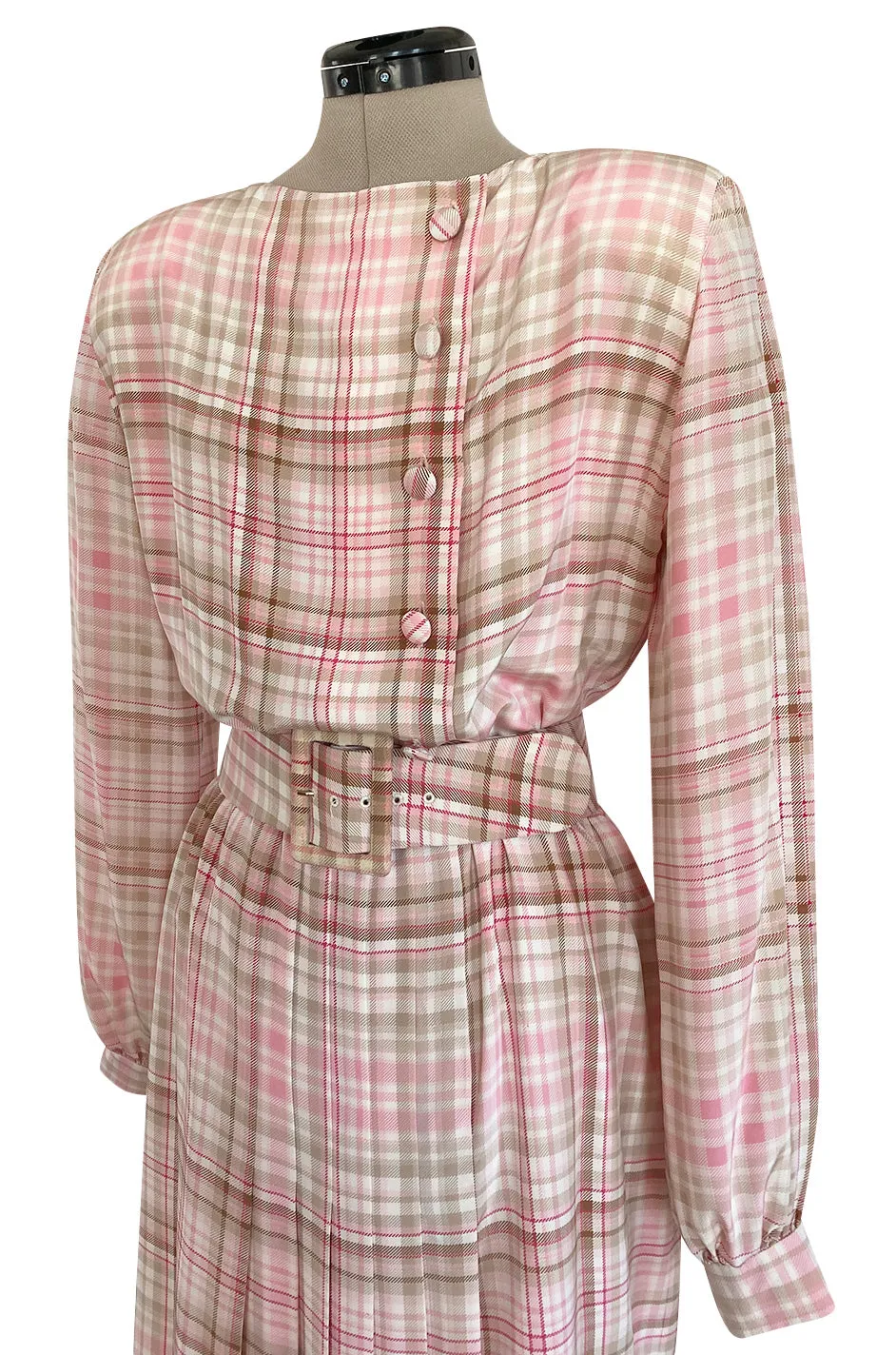 1980s Oscar De La Renta Pink Printed Belted Silk Dress & Boucle Coat w Silk Lining Set