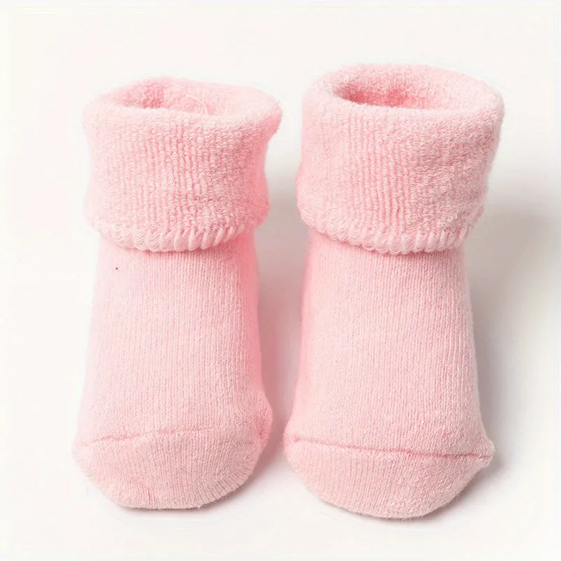 A Pair Of Baby Girl's Solid Thickened Thermal Floor Socks With Good Grip, Comfy Breathable Casual Socks, Winter & Autumn