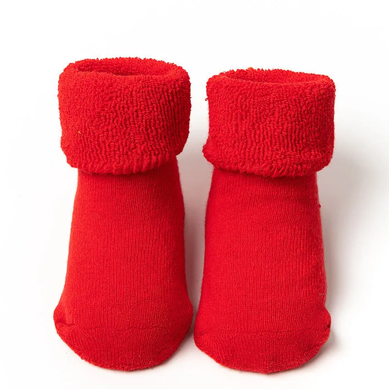 A Pair Of Baby Girl's Solid Thickened Thermal Floor Socks With Good Grip, Comfy Breathable Casual Socks, Winter & Autumn