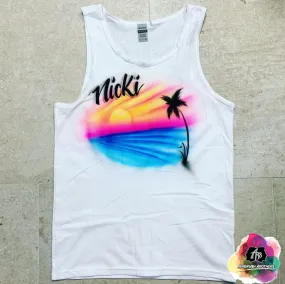 Airbrush Beach Sunset with Palm Tree Shirt Design