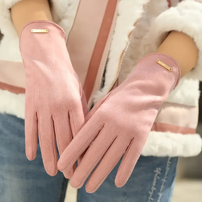 Autumn Winter Women's Suede Gloves Golden Label Split Finger Warm Gloves Going Out Solid Color Versatile Gloves