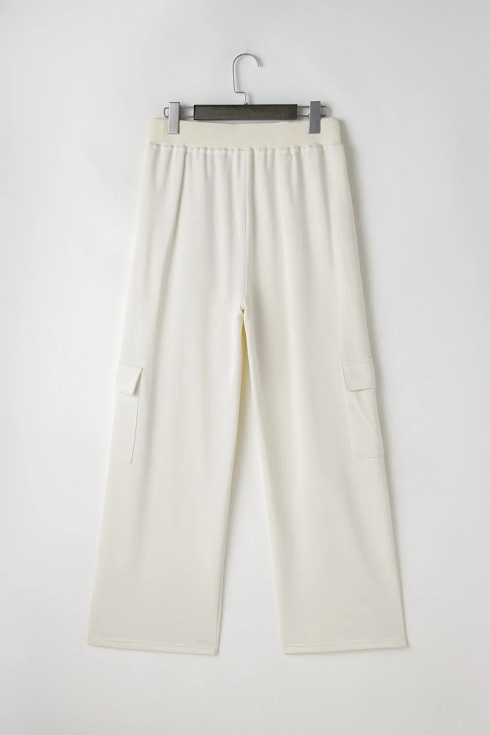 Beige Plain Cargo Pockets High Waist Casual Sweatpants