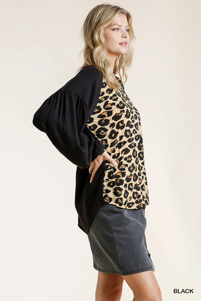 Black Leopard Print Long Sleeve Top