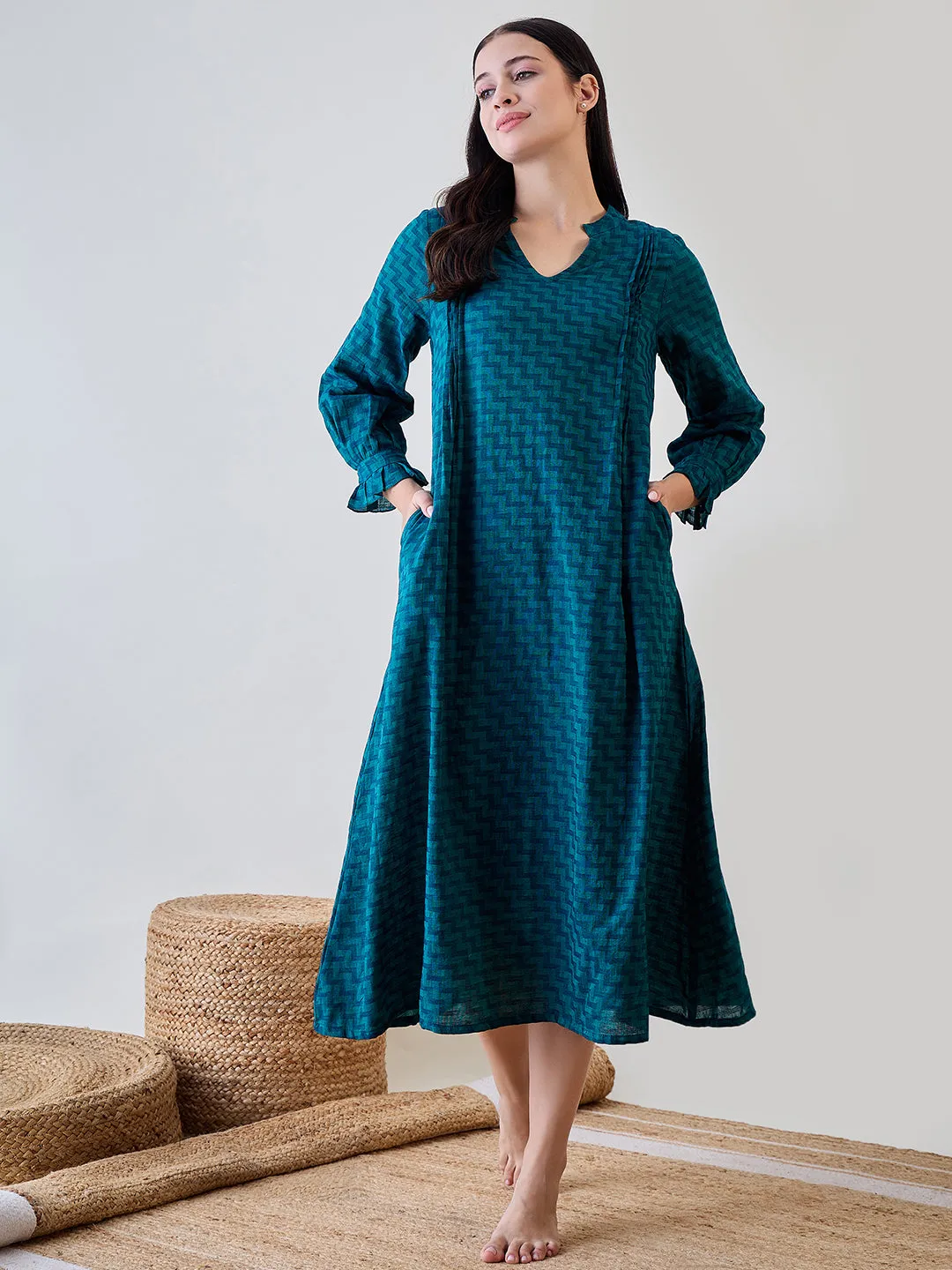 Blue Zig Zag Printed Cotton Night Dress