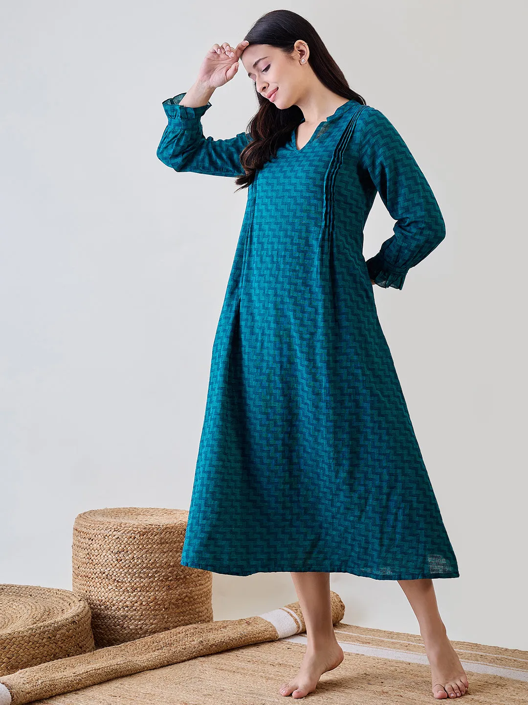 Blue Zig Zag Printed Cotton Night Dress