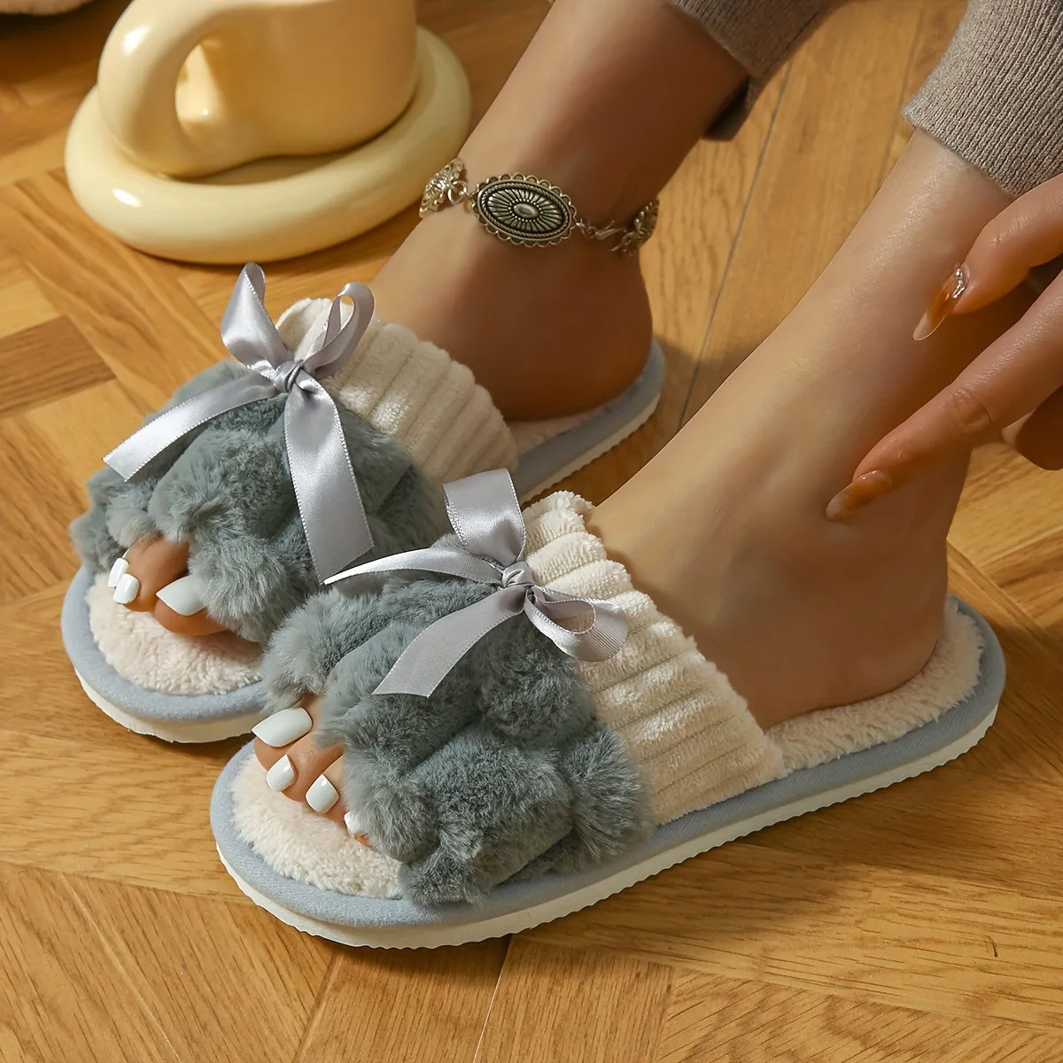 Bowknot Decor Slip On Slippers, Casual Open Toe Plush Shoes, Comfortable Indoor Home Slippers