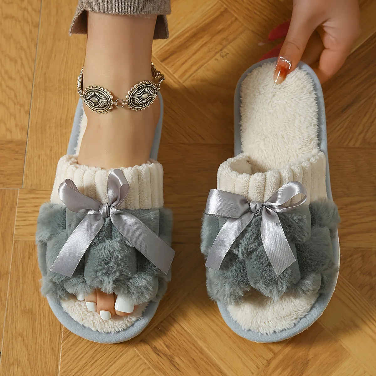 Bowknot Decor Slip On Slippers, Casual Open Toe Plush Shoes, Comfortable Indoor Home Slippers