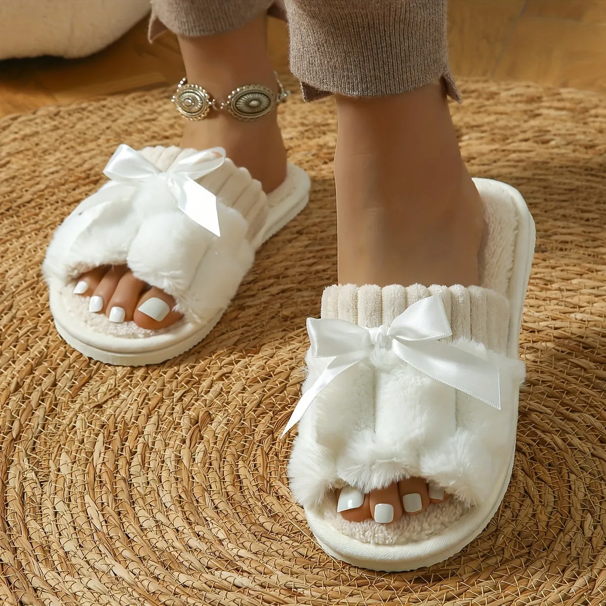 Bowknot Decor Slip On Slippers, Casual Open Toe Plush Shoes, Comfortable Indoor Home Slippers