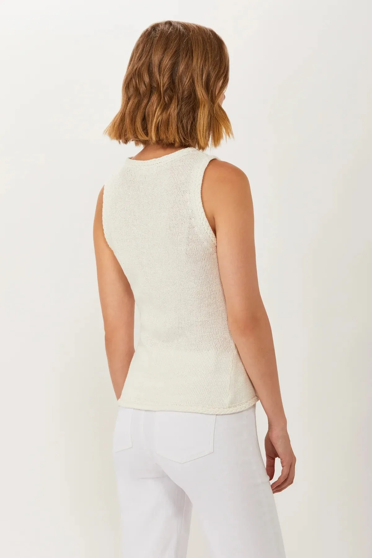 BRAID TRIM SHELL KNIT TOP - WHITE