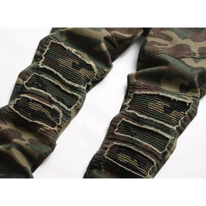 Camouflage Raglan Patch Slim Straight Jeans