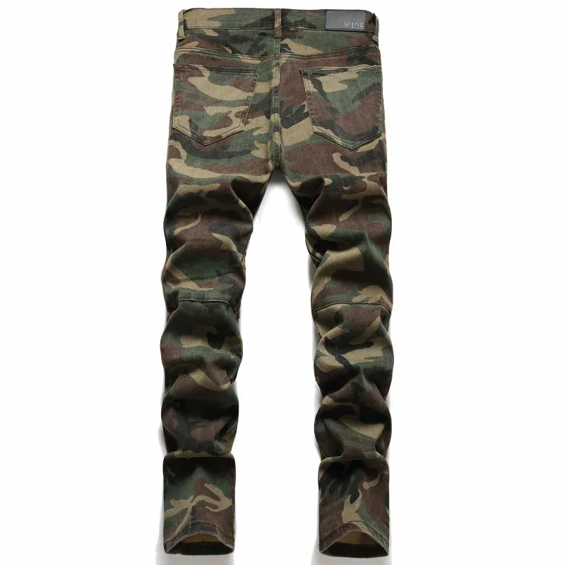 Camouflage Raglan Patch Slim Straight Jeans