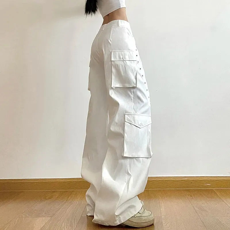 Casual White Design Cargo Pants Women Patched Heart Shape Sweatpants Harajuku Rivet Draped Baggy Trousers Y2K Outfits