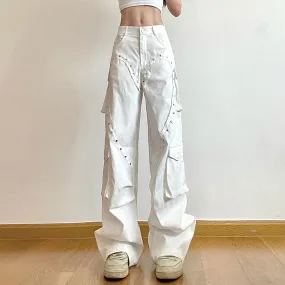 Casual White Design Cargo Pants Women Patched Heart Shape Sweatpants Harajuku Rivet Draped Baggy Trousers Y2K Outfits