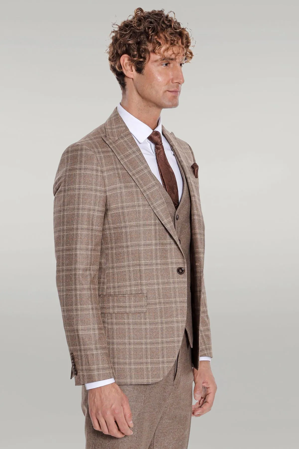 Checked Slim Fit Light Brown Men Suit - Wessi