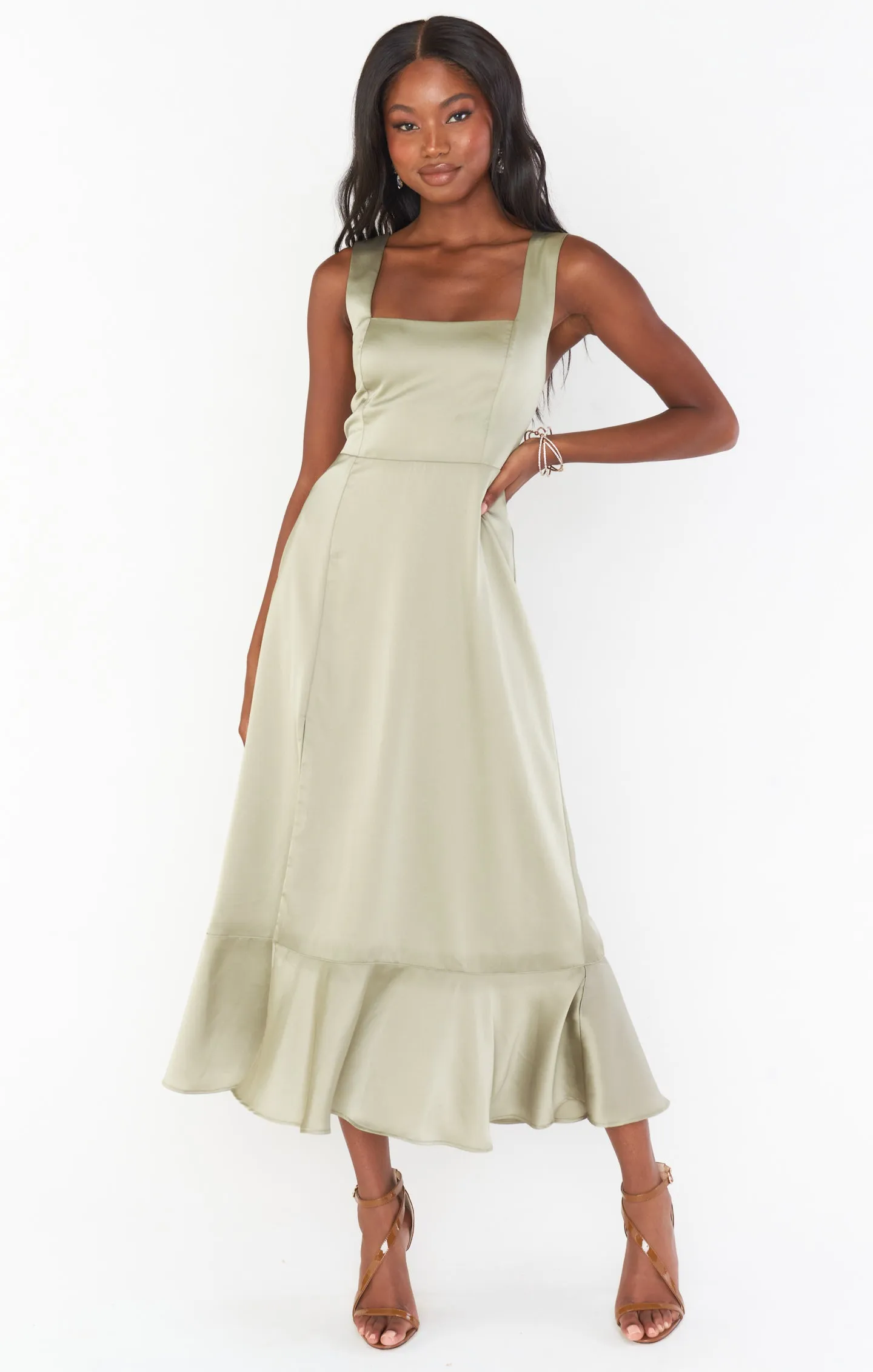 Claire Midi Dress ~ Moss Green Luxe Satin