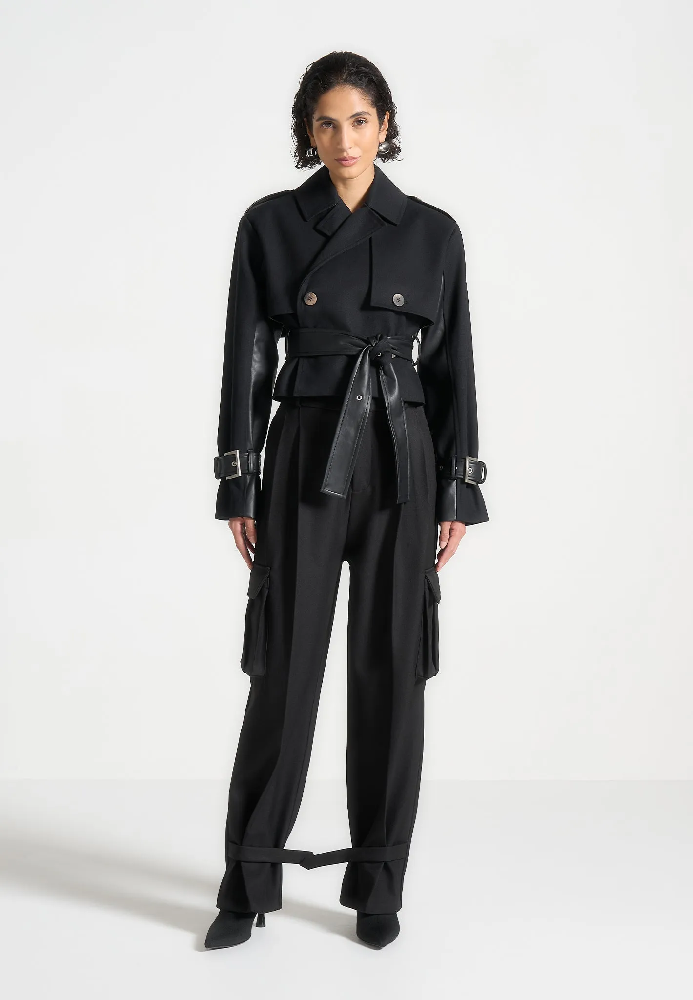 Cropped Trench Coat with Belt - Black