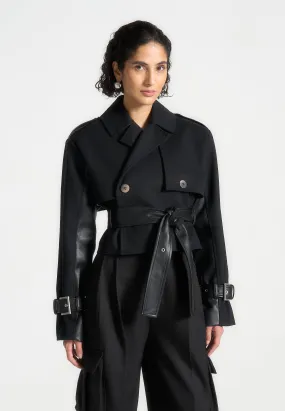 Cropped Trench Coat with Belt - Black