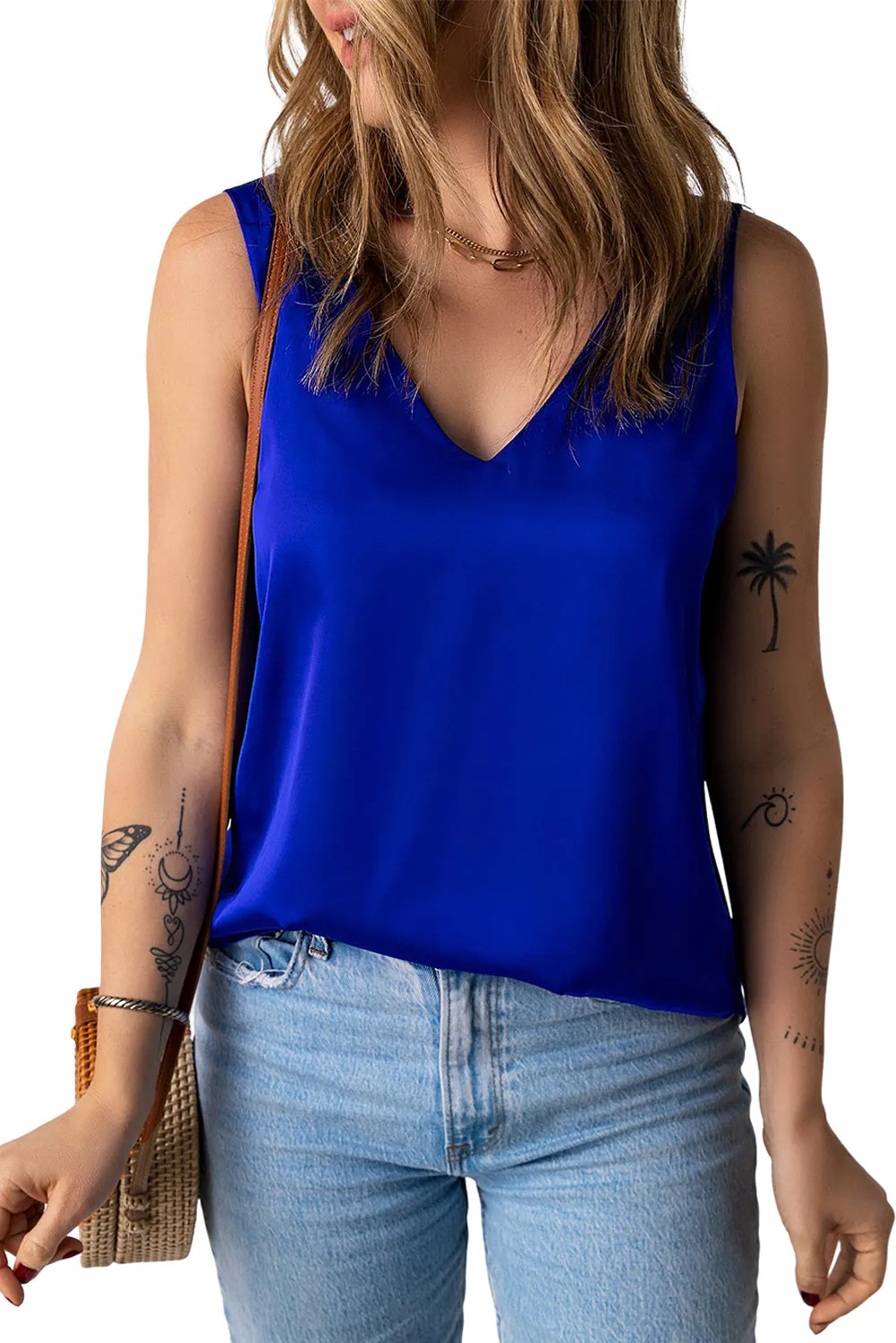 Deep V Neck Loose Tank Top Loose Sleeveless T Shirt Blouse