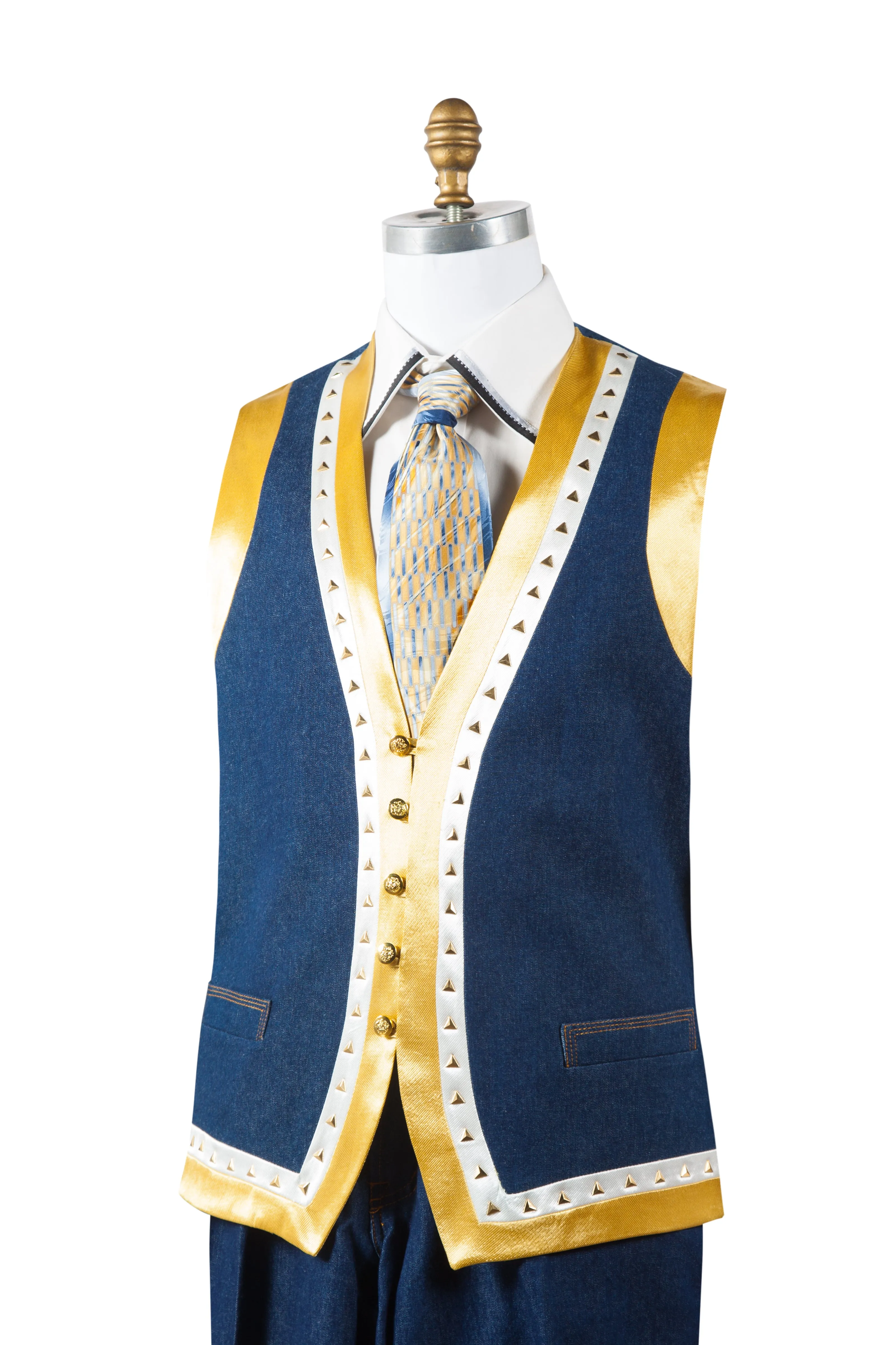 Designer Gold Lined Brass Accent Denim 2pc Zoot Suit Vest Set