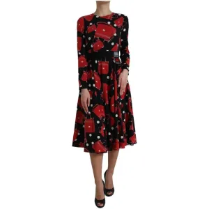 Dolce & Gabbana Black Sicily Bag Print Flared Midi Dress