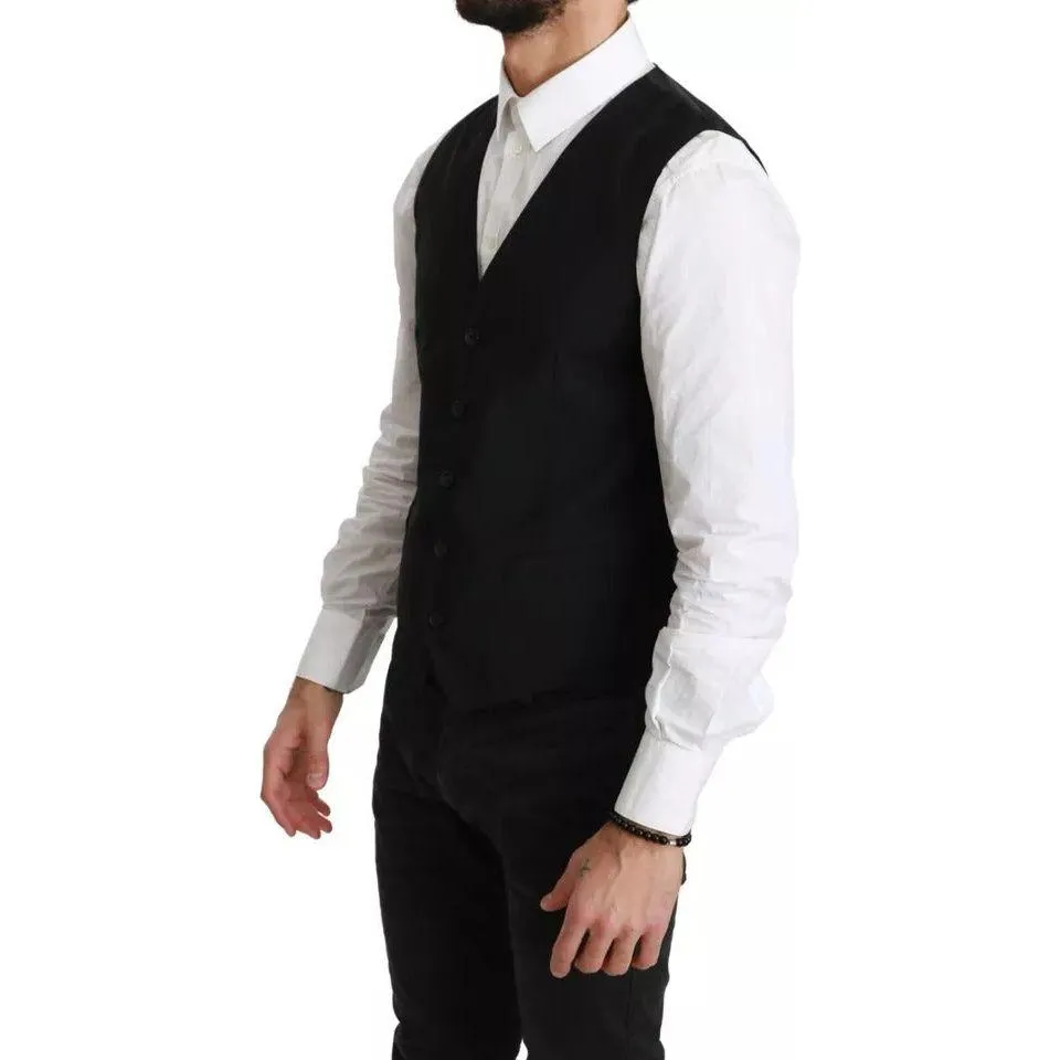 Dolce & Gabbana Black Wool Stretch Waistcoat Formal Dress Vest