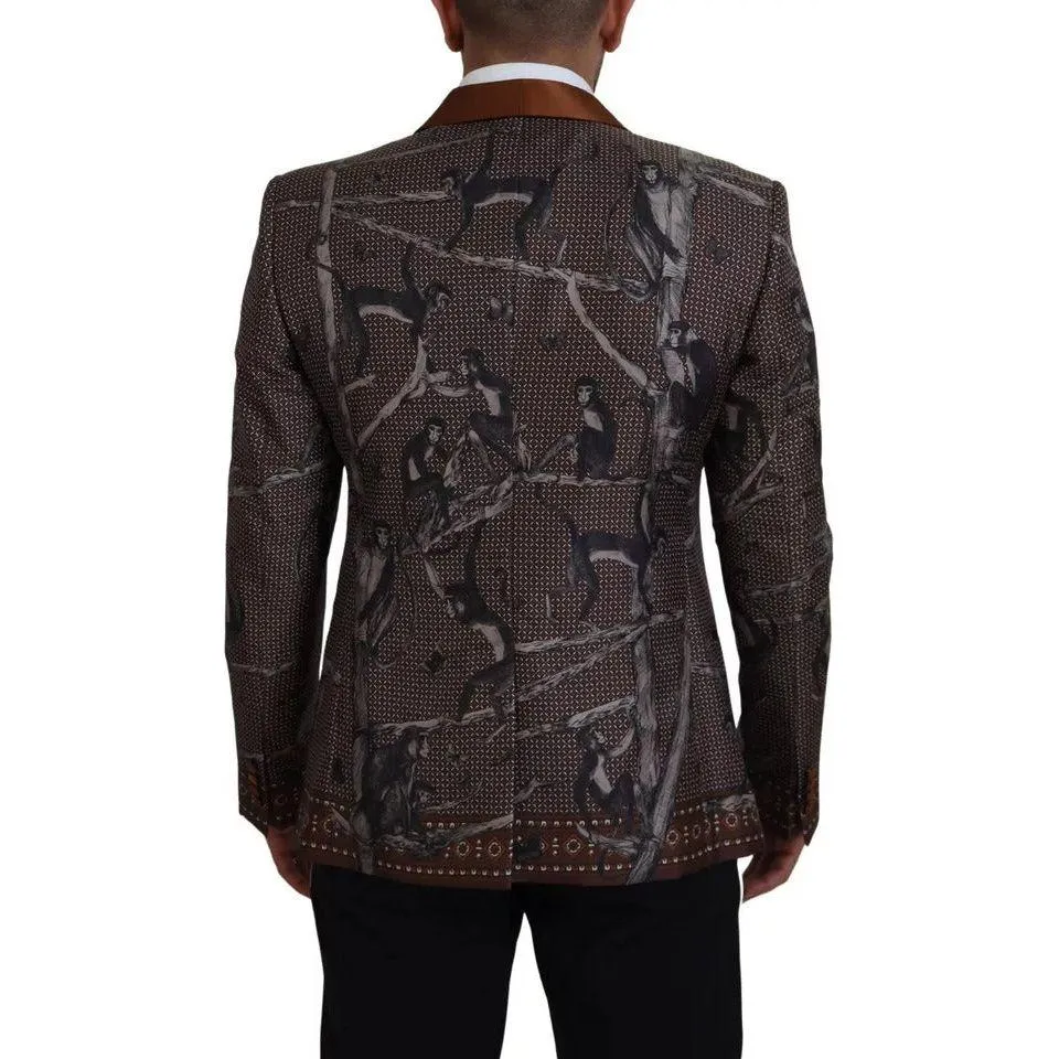 Dolce & Gabbana Bronze Monkey Print Silk Slim Jacket Blazer