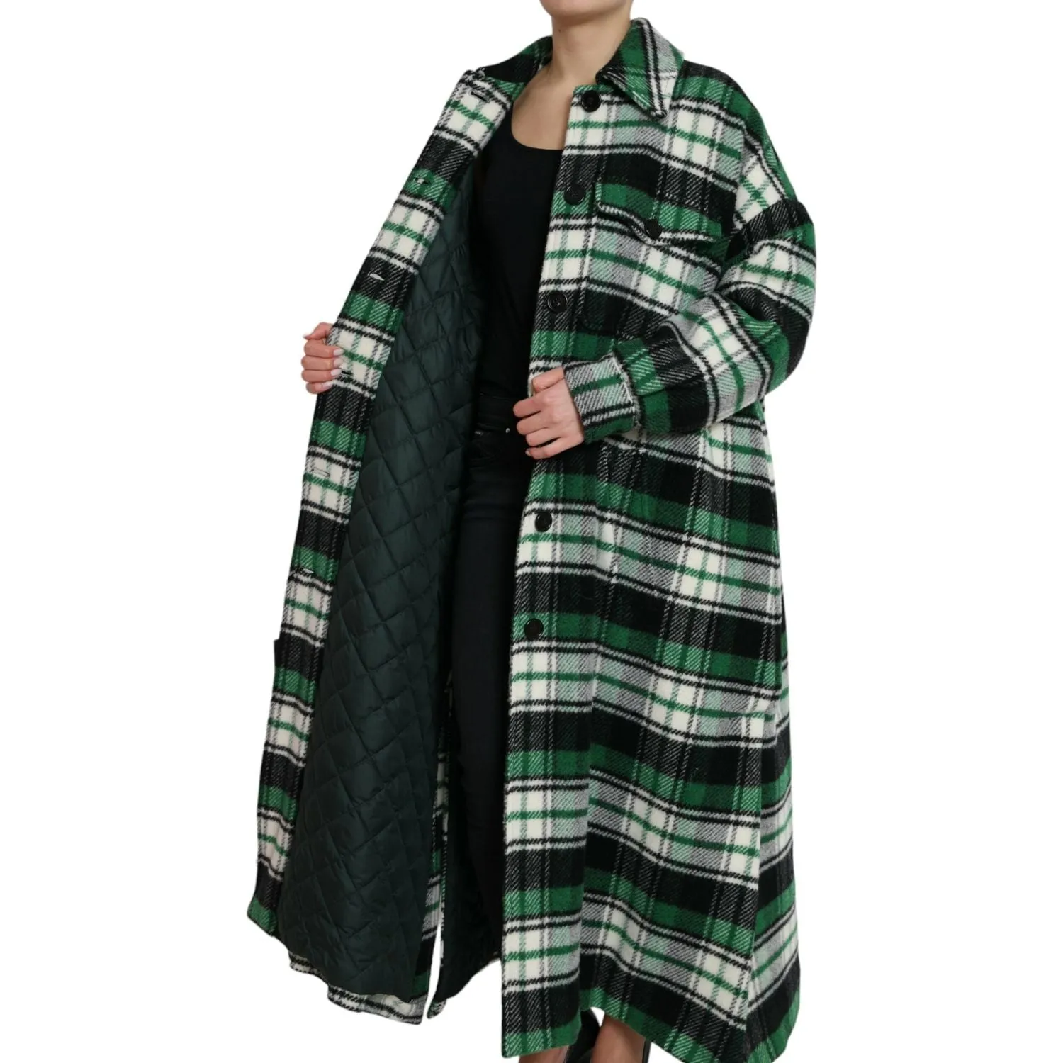 Dolce & Gabbana Elegant Green Plaid Long Coat