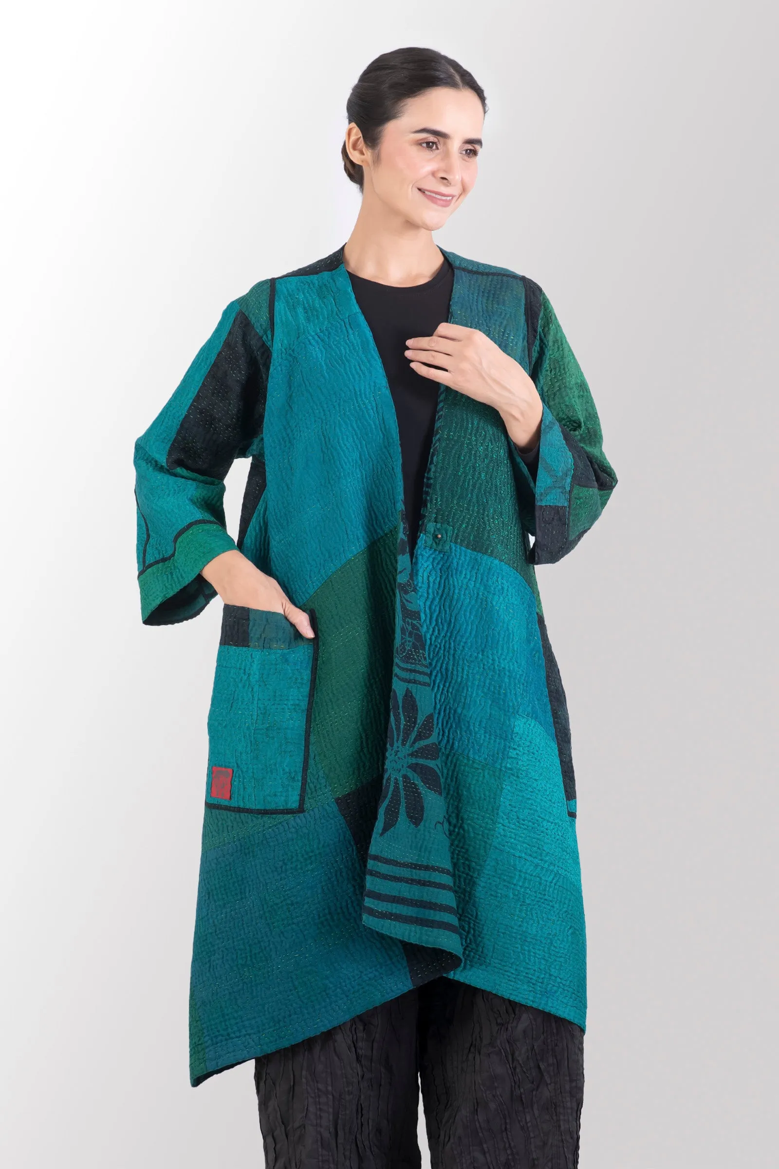 EMERALD GREEN KANTHA WRAP FLARE COAT - eg4330-tel -