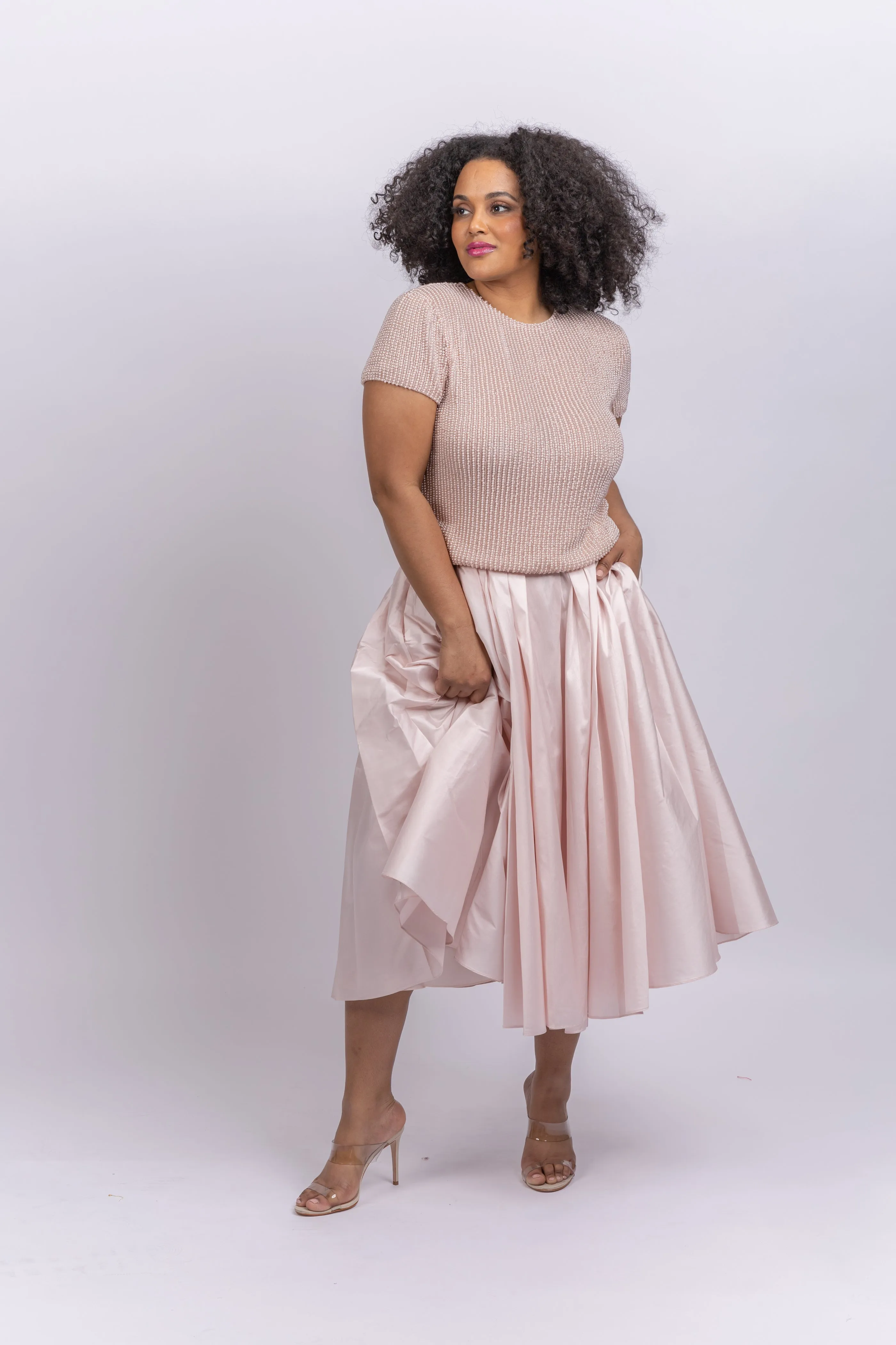 Emily Shalant Taffeta Tea Length Midi Skirt Blush