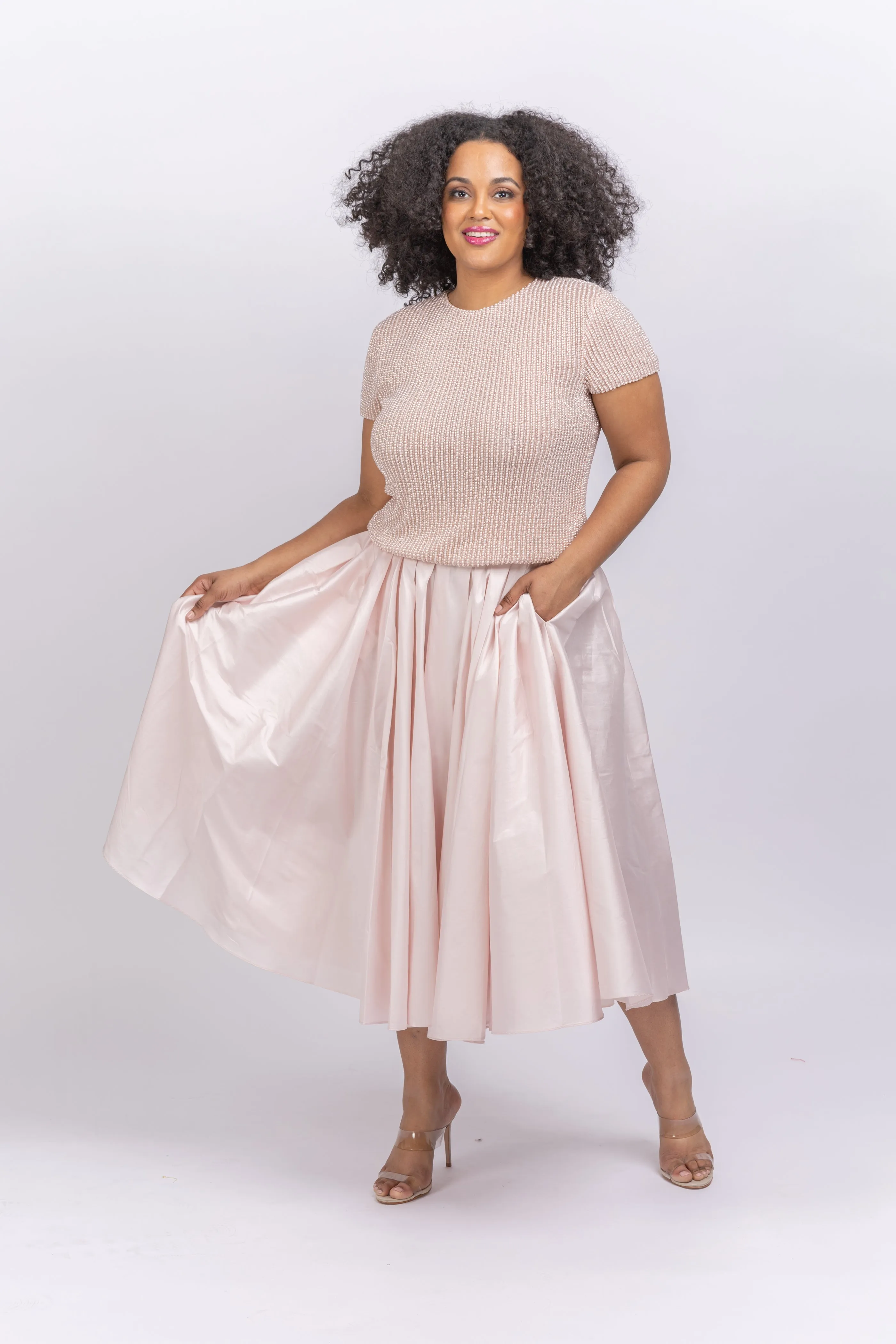 Emily Shalant Taffeta Tea Length Midi Skirt Blush