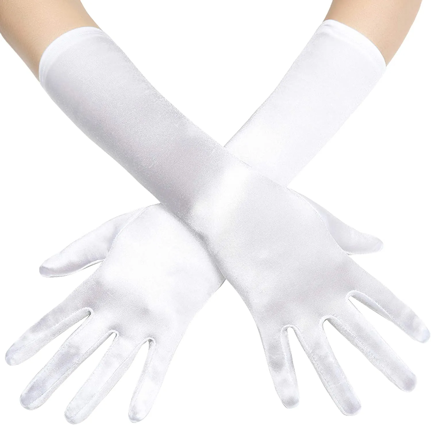 Fancydresswale hand Gloves for women for parties, long colourful satin hand cover 38 cm; White