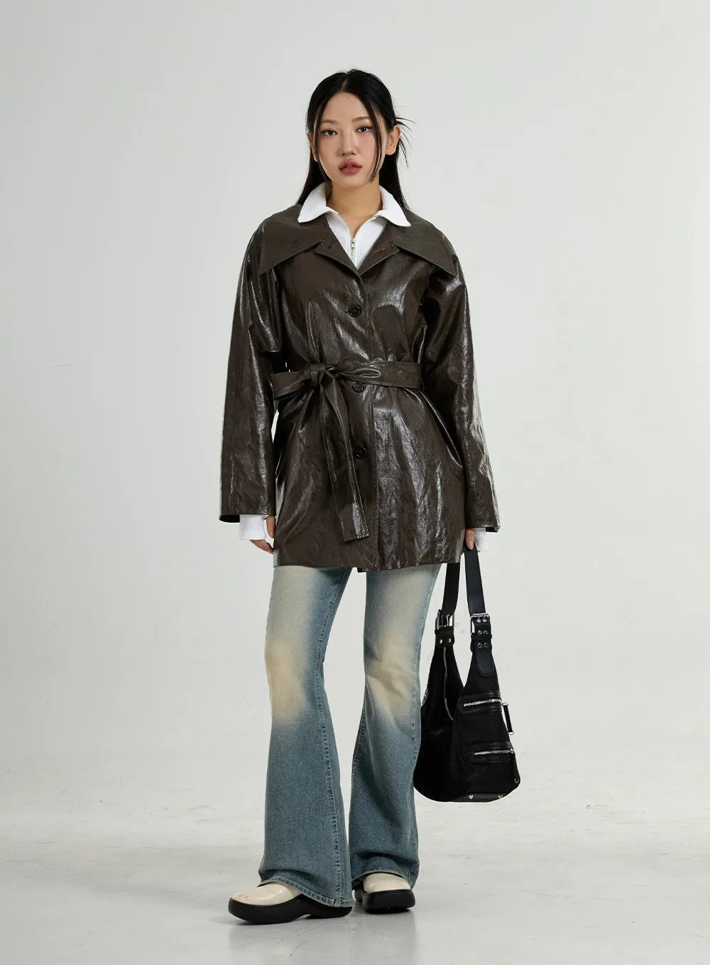 Faux Leather Trench Coat And Belt Ribbon Set CO26