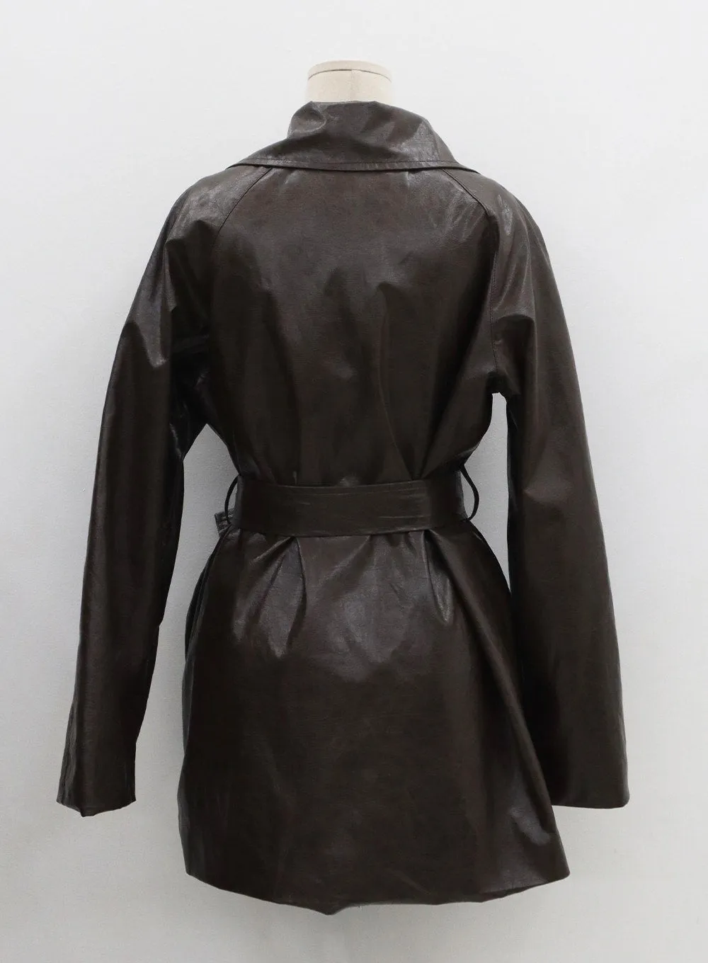 Faux Leather Trench Coat And Belt Ribbon Set CO26