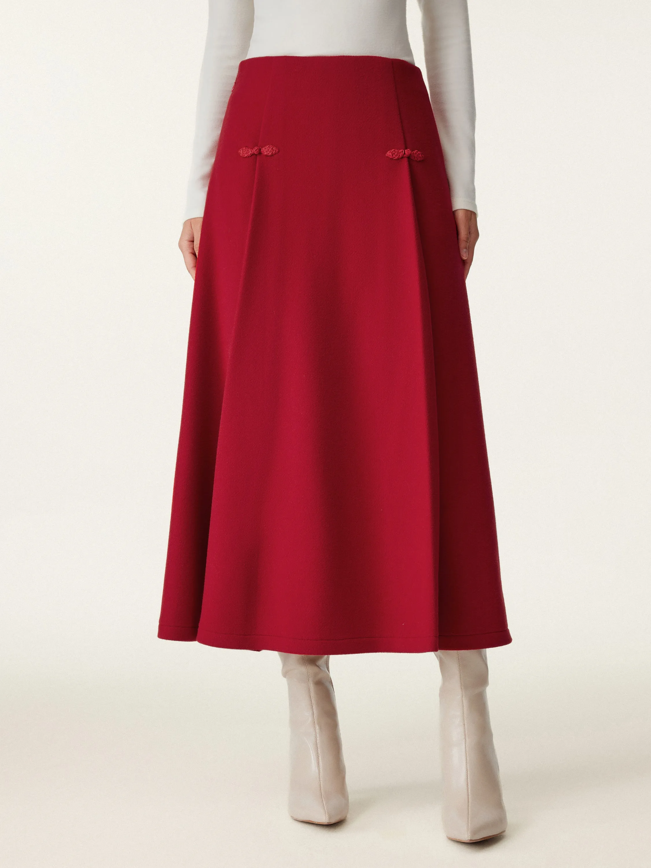 Felt Texture Frog Button A-Line Midi Skirt Limited Edition