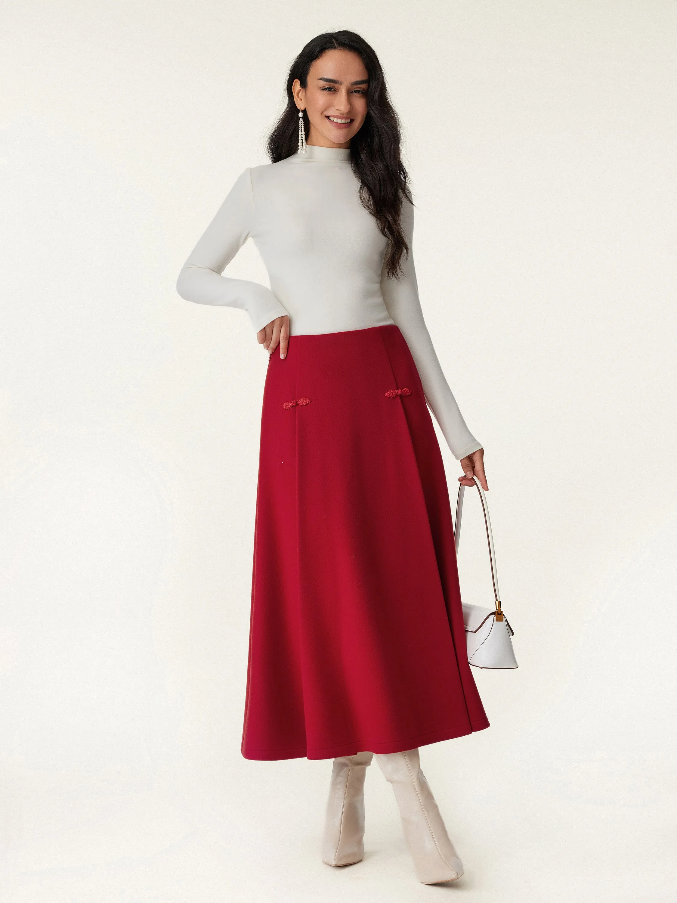 Felt Texture Frog Button A-Line Midi Skirt Limited Edition