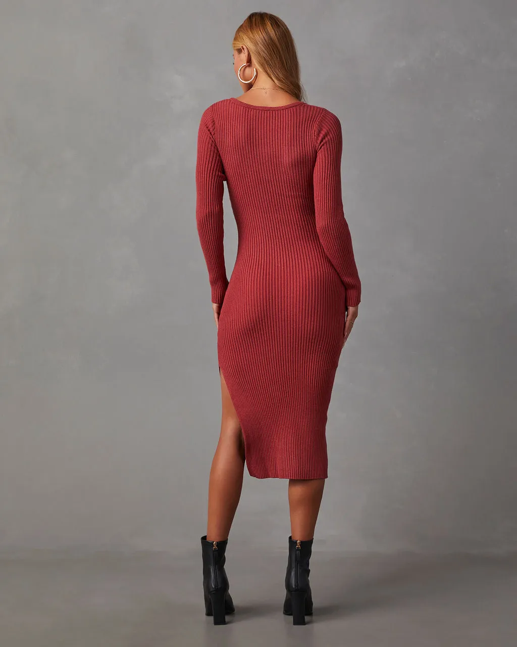 Fireside Romance Ribbed V-Neck Sweater Dress