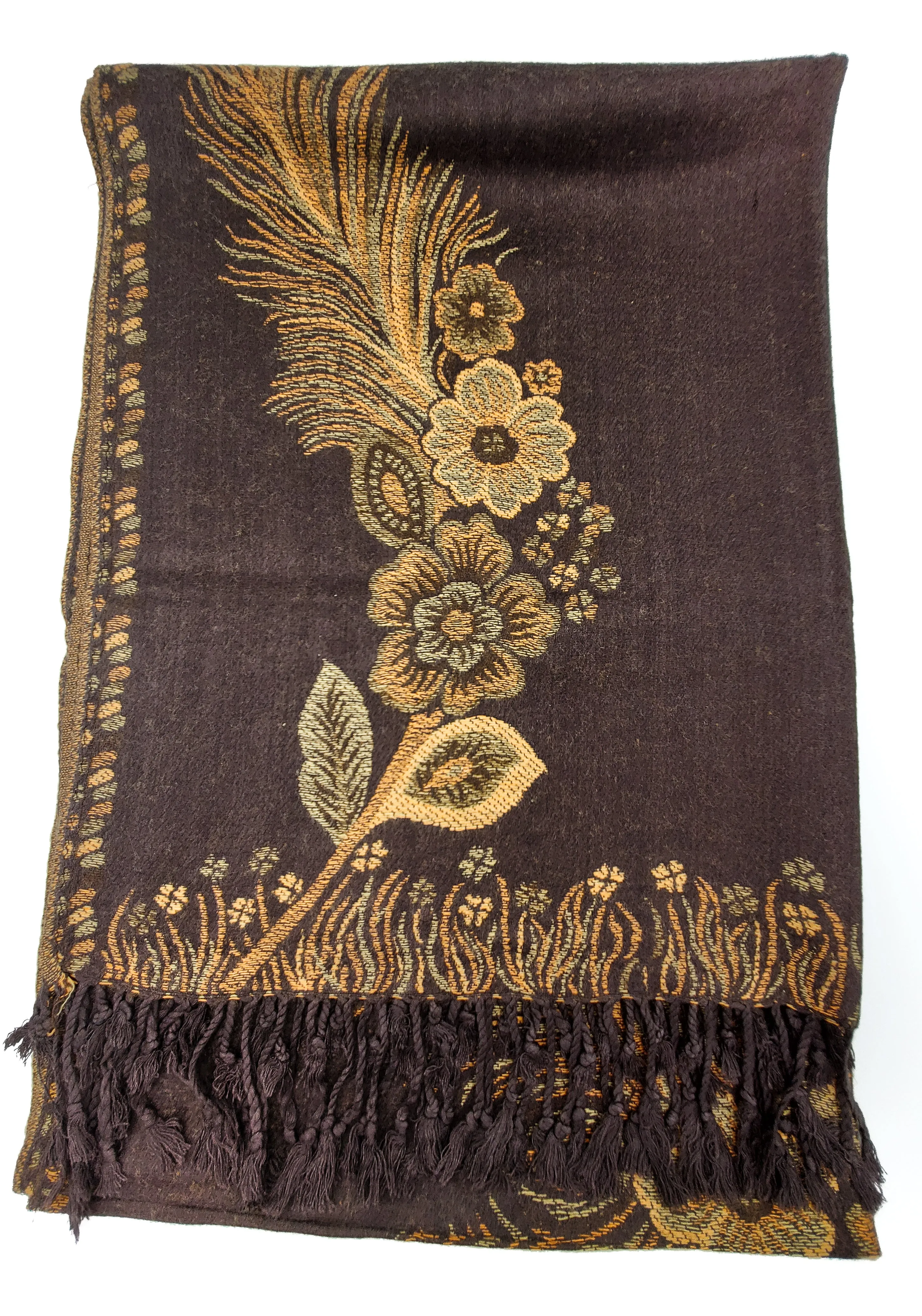 Floral & Feather Patterned Pashmina Brown